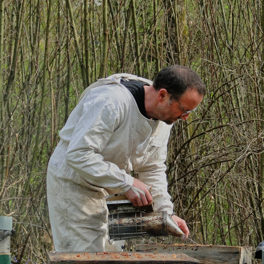 Scène captivante où l'apiculteur évolue au milieu de ses ruches, orchestrant avec maestria les mouvements de ses abeilles dans un équilibre parfait entre homme et nature. Découvrez notre boutique.